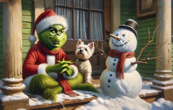 House, dog, Christmas, New year, snowman, porch, The Grinch, AI art