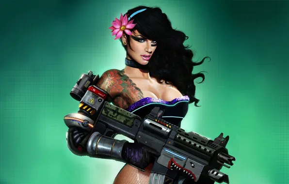 Girl, weapons, graphics, brunette, machine, tattoo, corset, illustration