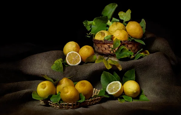Food, fruit, black background, still life, items, a lot, burlap, lemons