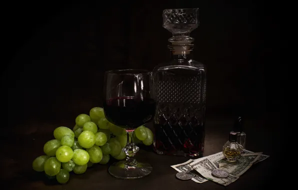 The dark background, wine, glass, bottle, money, perfume, grapes, alcohol