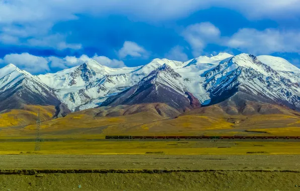 Wallpaper China, field, landscape, nature, mountains, clouds, snow ...