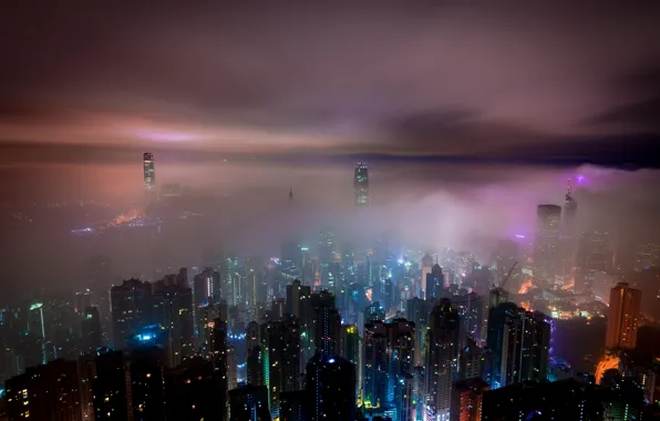 The sky, night, the city, lights, fog, building, height, dal