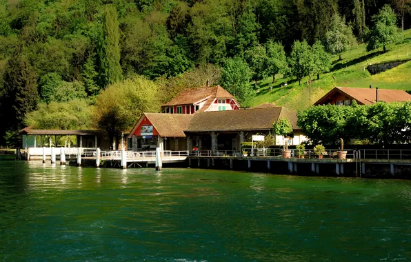 Trees, lake, shore, Switzerland, pier, slope, houses, Lucerne
