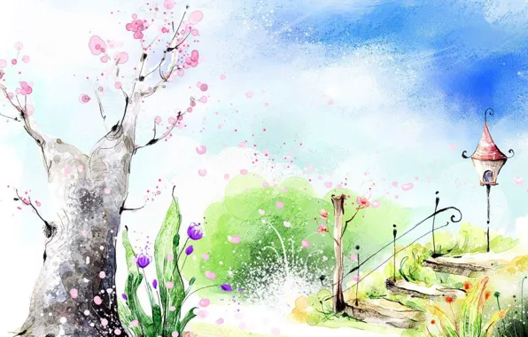 Picture flowers, Park, spring, ladder, lantern