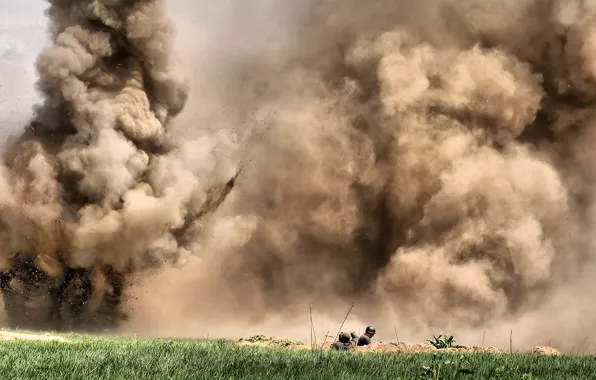 Picture the explosion, dust, soldiers, action, military