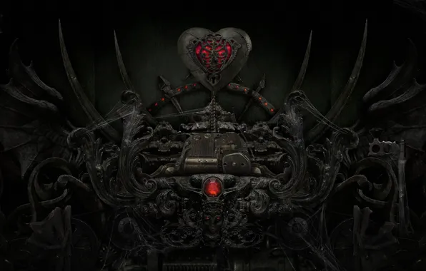 Crystal, metal, the dark background, red, heart, mechanism, web, black