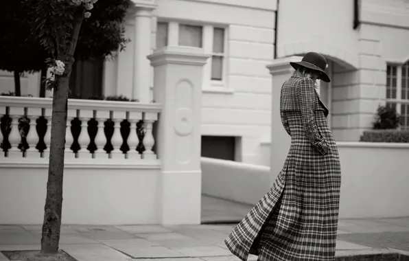 Girl, photo, street, model, hat, black and white, walk, coat