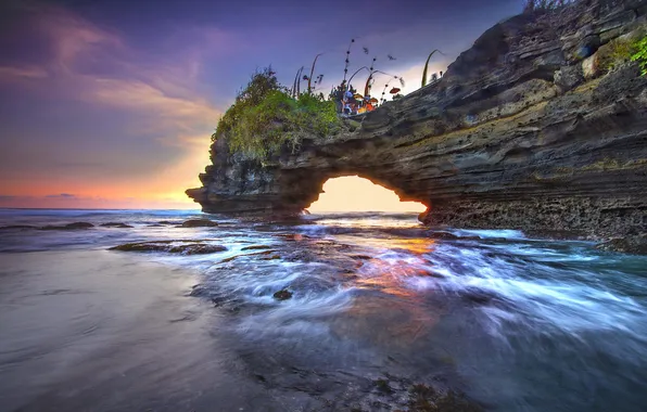 Wave, sunset, the ocean, rocks, arch