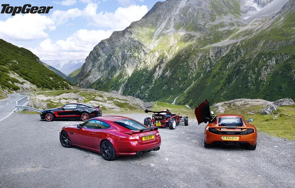 Picture the sky, clouds, mountains, McLaren, Jaguar, Mustang, Ford, Top Gear