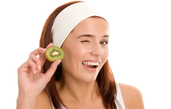 Look, girl, smile, hand, makeup, kiwi, hairstyle, fruit