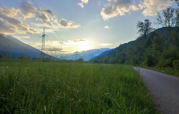 Road, sunset, mountains, power lines