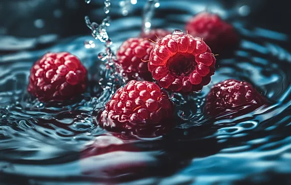 Water, drops, macro, light, squirt, berries, raspberry, splash