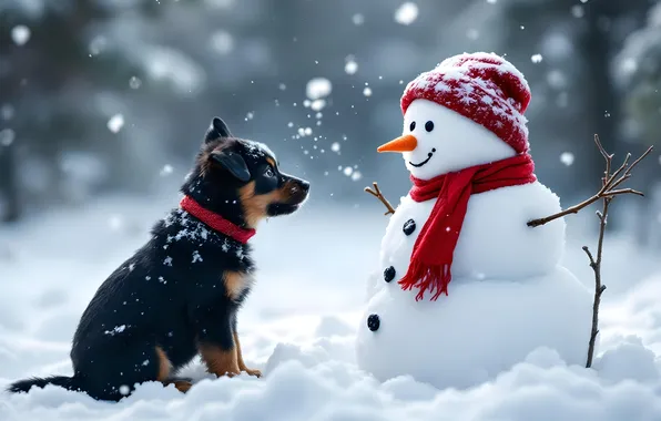 Winter, snow, hat, dog, scarf, Christmas, the snow, puppy