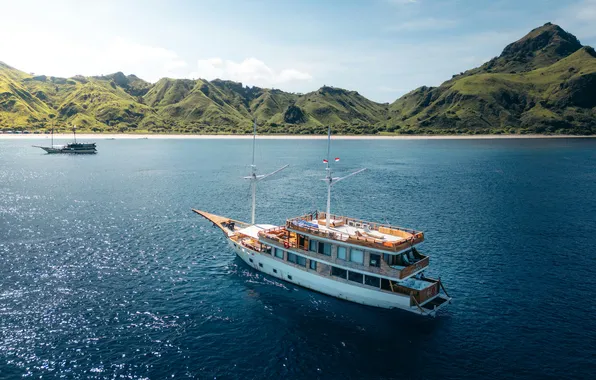Mountains, boat, Indonesia