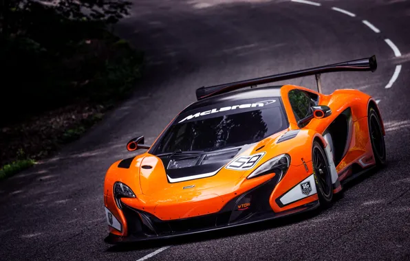 McLaren, Machine, Asphalt, Orange, The hood, GT3, Supercar, The front