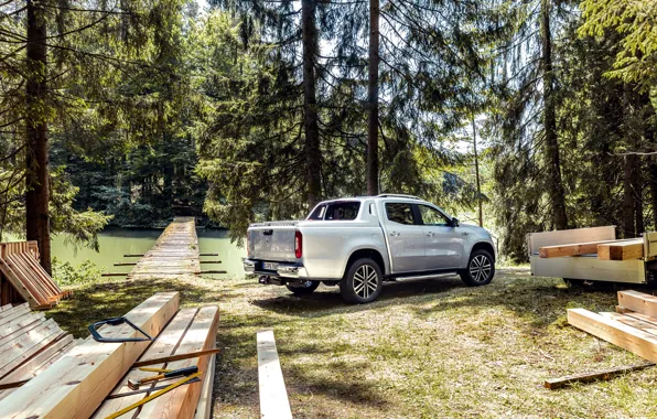 Trees, Mercedes-Benz, pickup, 2018, timber, X-Class, gray-silver