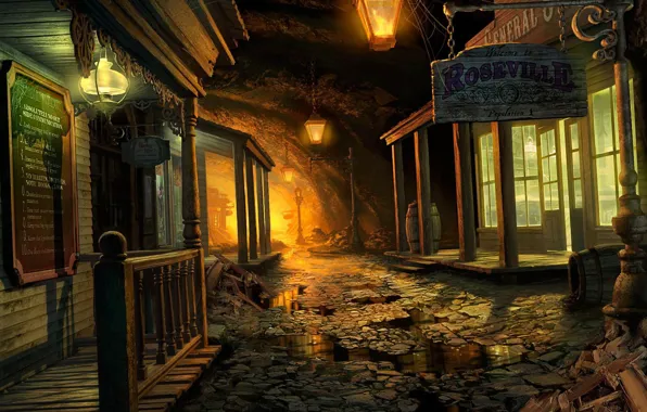 Street, building, lights, puddles, cave, Mystery Case Files, Return to Ravenhearst