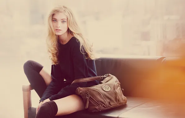 Picture long hair, blue eyes, women, blonde, Elsa Hosk, sitting, curly hair, bent legs