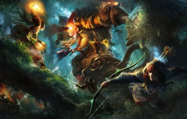 Picture forest, girl, fire, magic, monster, warrior, Archer, fantasy