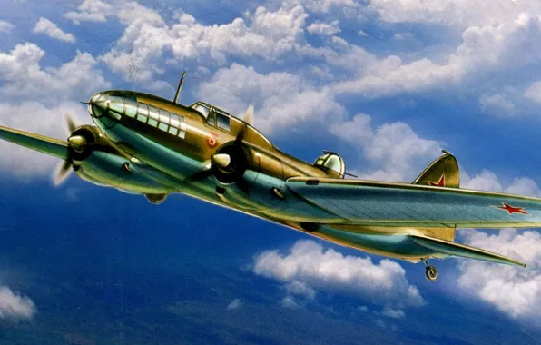 The sky, figure, art, bomber, Soviet, twin-engine, The great Patriotic war, far