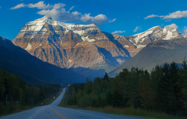 Road, forest, snow, trees, mountains, top, Canada, British Columbia