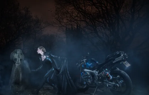 Girl, night, motorcycle, photoart