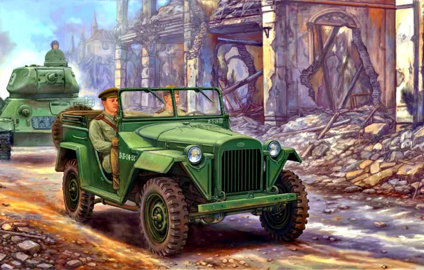 Soldiers, USSR, Military, T-34-85, The Red Army, four-wheel drive, car, GAZ-67B