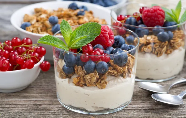 Picture berries, raspberry, glasses, mint, dessert, blueberries, red currant, granola