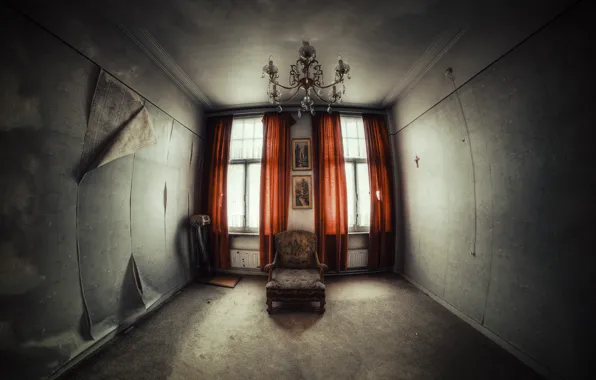 Picture room, Wallpaper, Windows, chair, abandonment, curtains