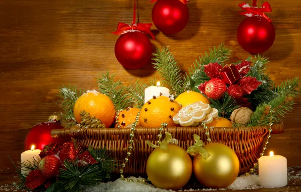 Decoration, basket, tree, oranges, New Year, Christmas, Christmas, decoration
