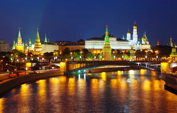 Road, the sky, reflection, night, bridge, the city, lights, glare