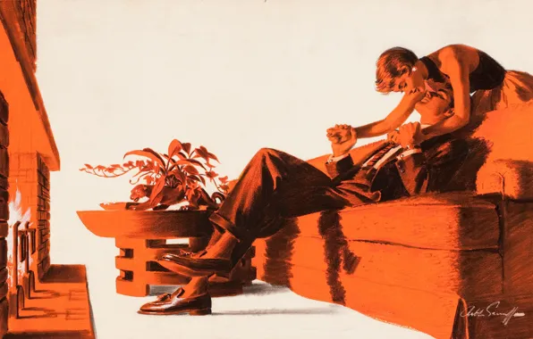 Love, Fire, Retro, The pinup, Tenderness, Feelings, Fireplace, Pinup