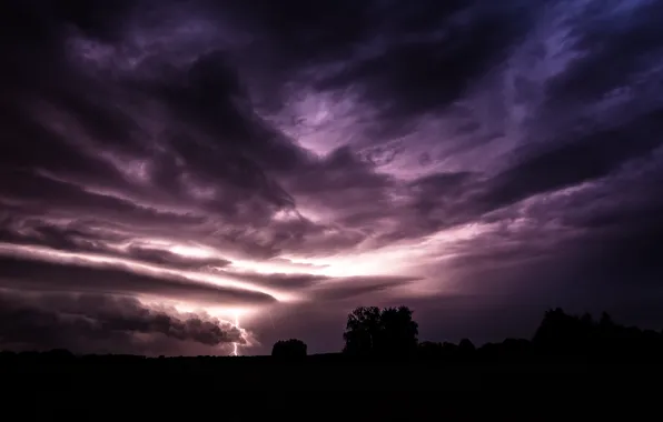 Picture the storm, the sky, clouds, lightning, Field, the evening, purple