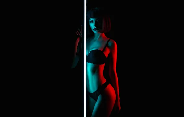 Twilight, black background, the play of light, sexy, black underwear, luxury brunette, model posing, I …