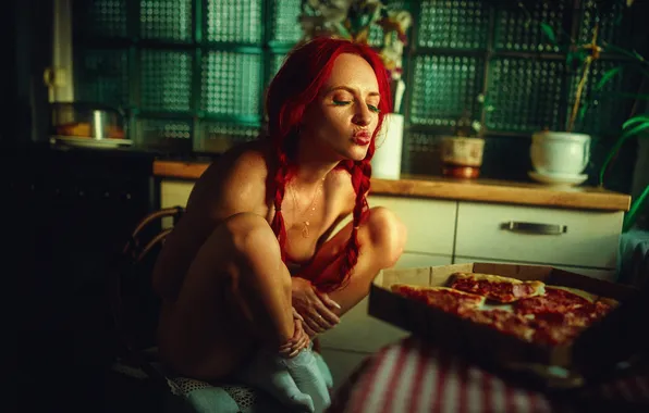 Pose, kitchen, braids, red, pizza