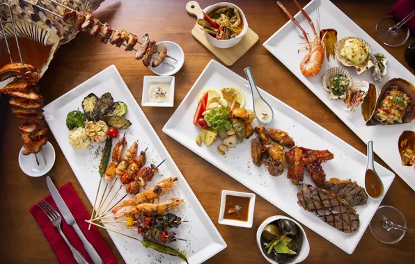 Meat, vegetables, kebab, dish, shrimp, seafood, potatoes