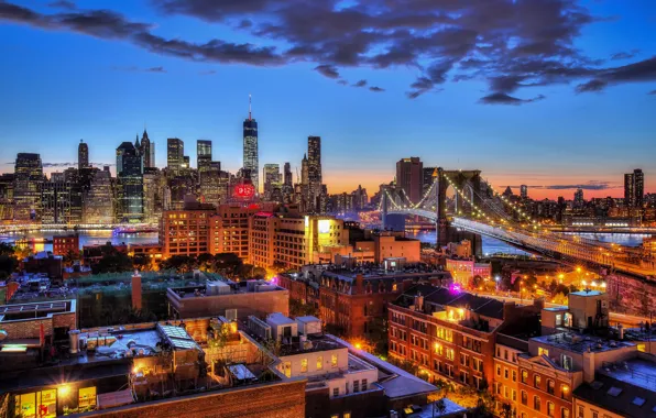 The sky, clouds, lights, New York, Brooklyn bridge, twilight, Manhattan, One World Trade Center