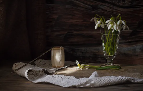 Flowers, glass, snowdrops, still life, thread, hook, knitting
