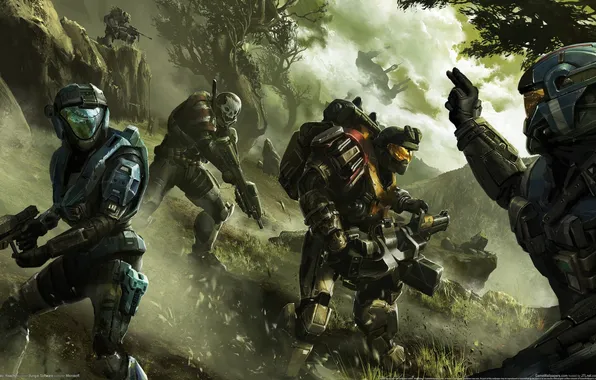 Picture weapons, soldiers, team, gesture, halo, halo, reach, the Spartans