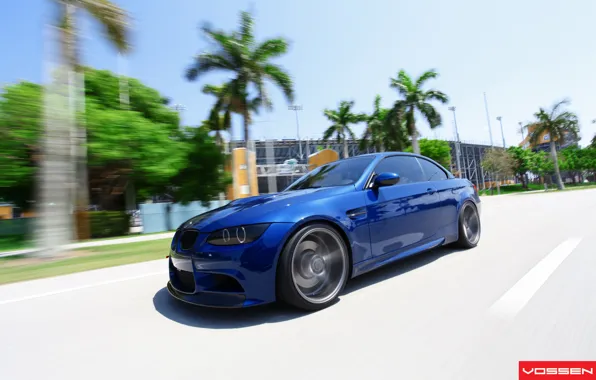 Road, blue, palm trees, BMW, speed, BMW, blue, vossen