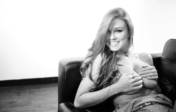 Girl, boobs, woman, smile, model, black and white, tits, sofa