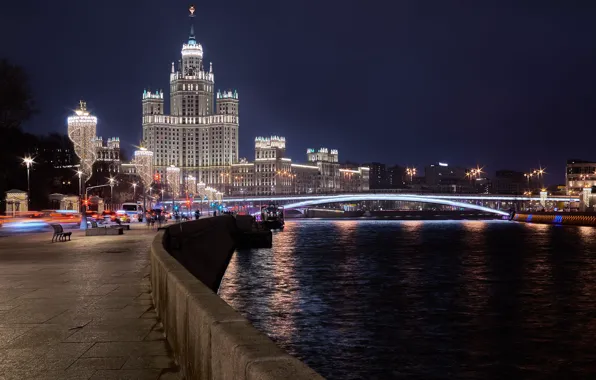 Picture night, bridge, the city, river, lighting, Moscow, skyscraper, illumination