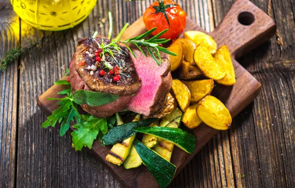 Meat, Board, vegetables, tomatoes, delicious, spices, potatoes
