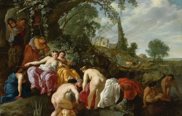 Trees, oil, picture, mythology, Moses van Uyttenbroeck, Pharaoh's daughter finds Moses in the Bulrushes