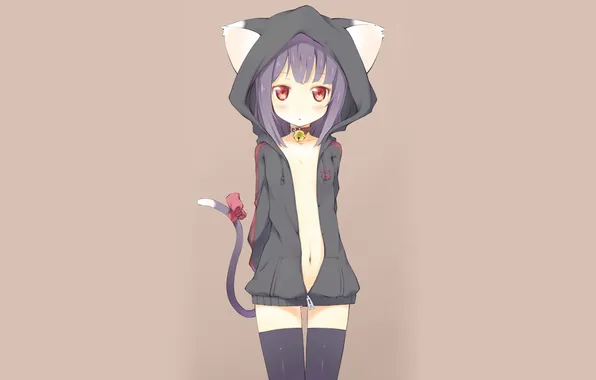 Stockings, navel, grey background, red eyes, in the hood, sweatshirt, bell, neko girl