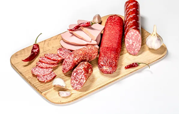 Picture white background, pepper, sausage, garlic, cutting Board