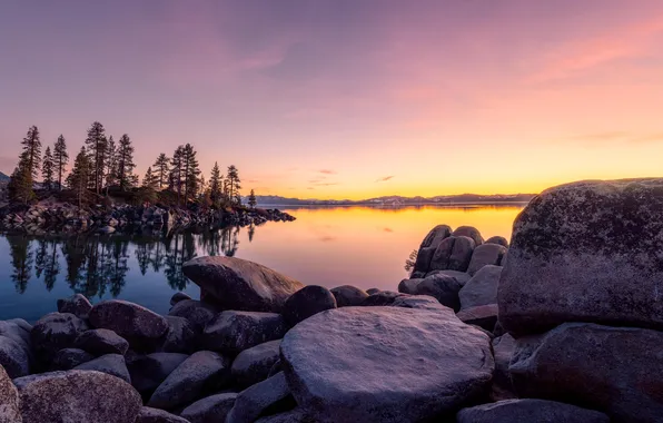 The sky, trees, sunset, lake, stones, USA, California, Lake Tahoe