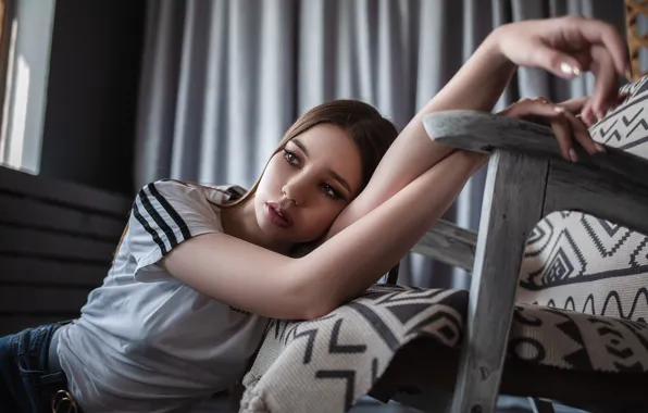 Girl, pose, chair, t-shirt, brown hair, curtain, Vladimir Vasiliev