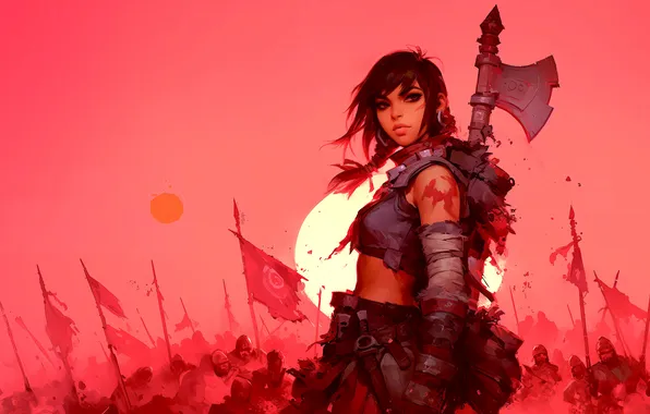 Axe, girl, fantasy, soldiers, armor, weapon, Warrior, sun