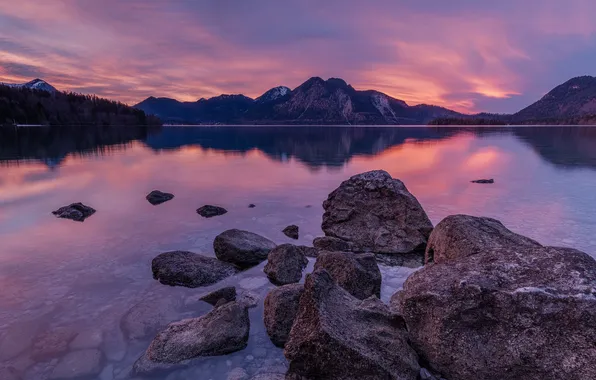 The sky, clouds, sunset, mountains, lake, reflection, stones, shore